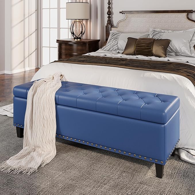 Storage Ottoman Bench,51-Inch Large Storage Bench for Bedroom End of Bed, 30 Gallons Faux Leather Ottoman with Storage for Bedroom, Living Room, Entryway, Hallway, Blue