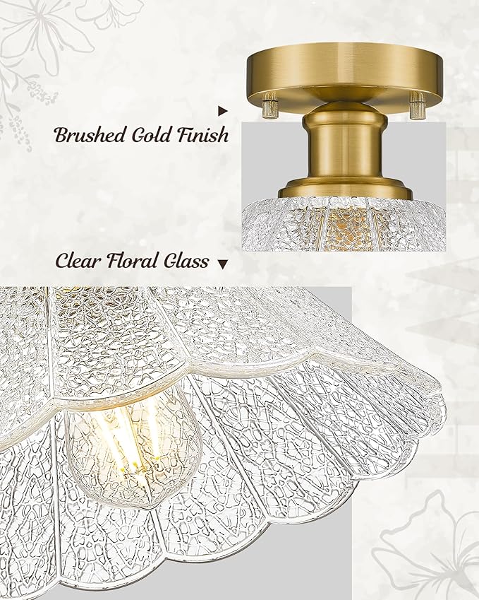 Gold Semi Flush Mount Ceiling Light, HWH 10 Inch Modern Hallway Light Fixtures Ceiling Mount for Kitchen Entryway Foyer, Glass Ceiling Lights in Brushed Gold Finish, Clear Floral Glass, 5HJX110F BG