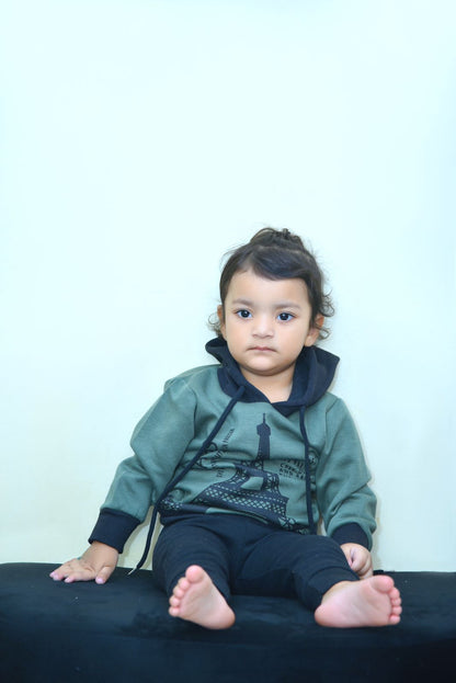 Fleece Fabric Green Paris Printed Hoodie Suit ( Each )