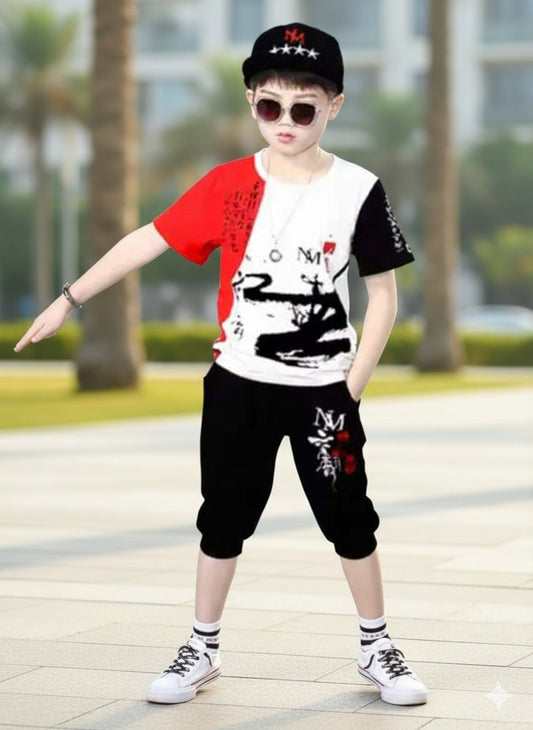Kids Red & Black Print T-Shirt & Shorts Set