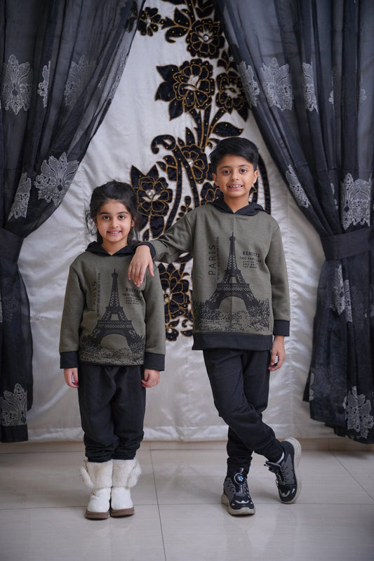 Fleece Fabric Green Paris Printed Hoodie Suit ( Each )