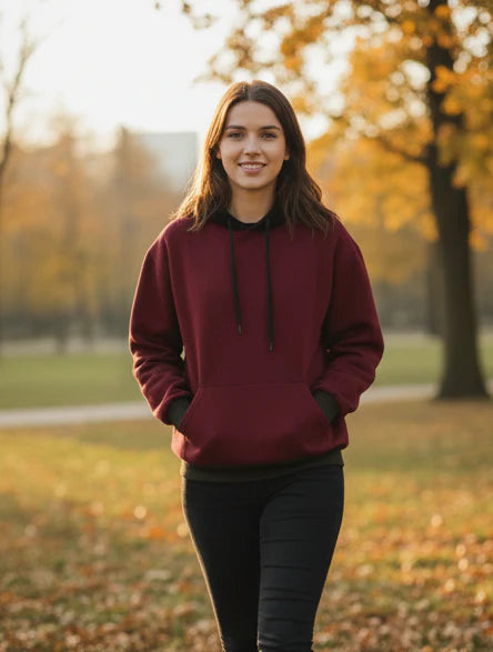 Winter Maroon With Black Basic Hoodie For Women