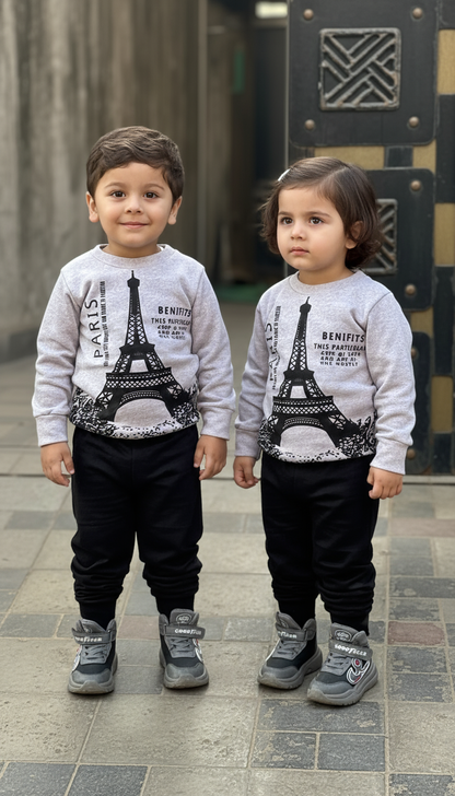 Fleece Fabric Grey Paris Printed Suit ( Each )