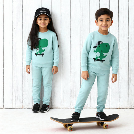 Green & Sky Dino Printed Kids Winter Suit ( Each )