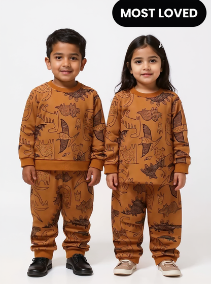 Fleece Fabric Brown Dinosaur Printed Kids Winter Suit ( Each )