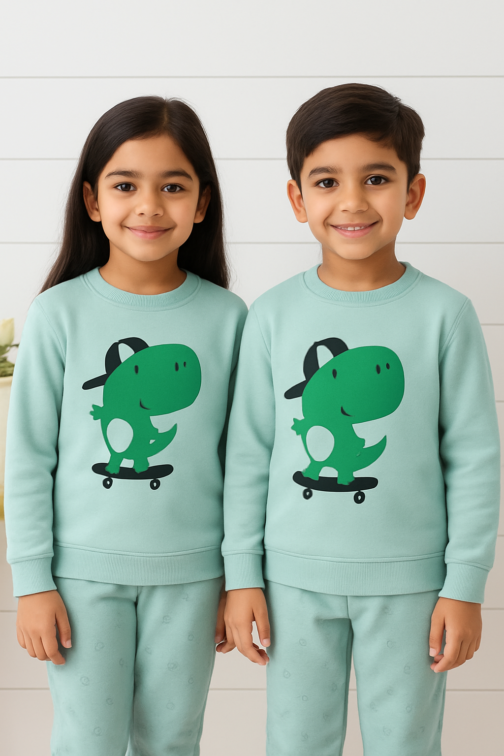 Green & Sky Dino Printed Kids Winter Suit ( Each )
