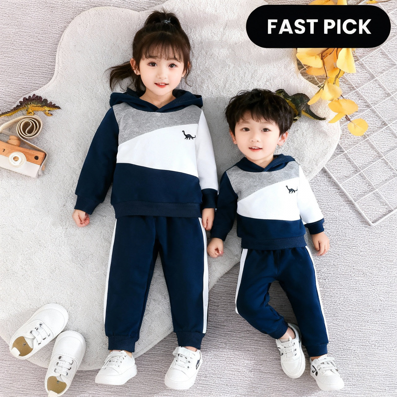 Navy Blue Panel Dinosaur Printed Kids Winter Suit (Each)