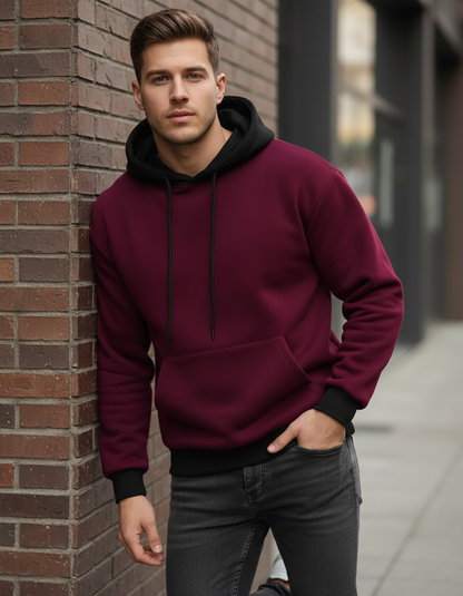 Maroon With Black Basic Kangaroo Hoodie