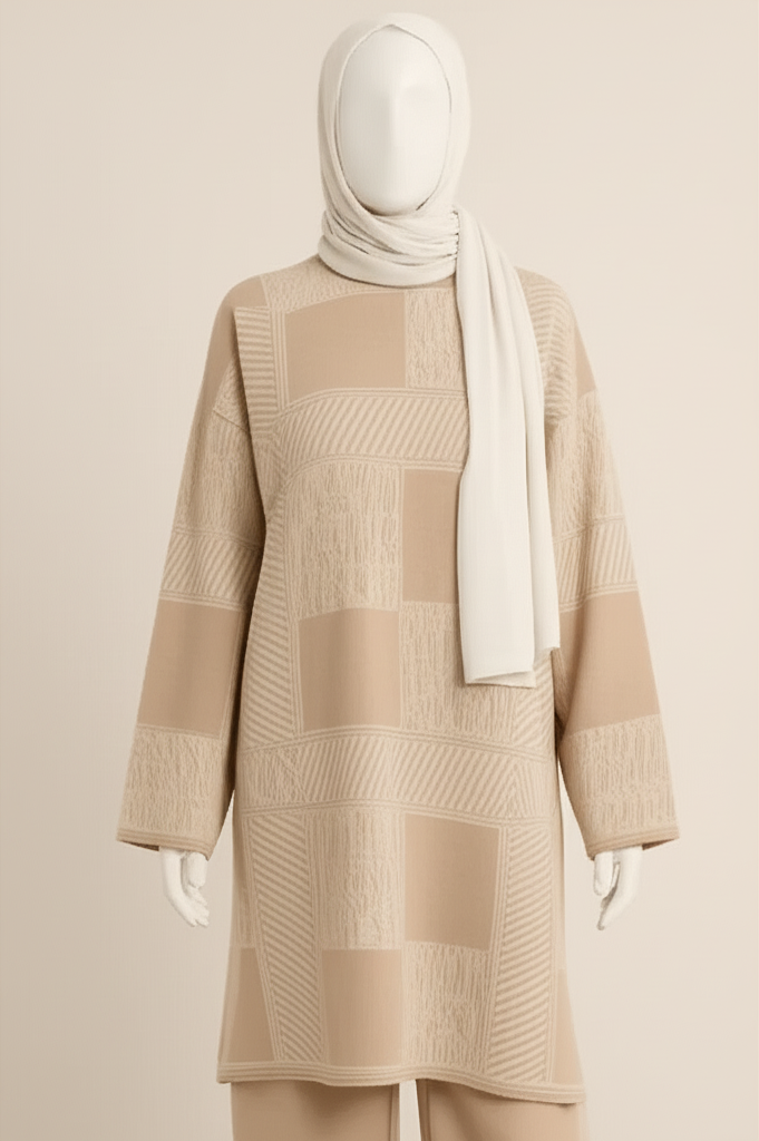 Beige Patchwork Knit Set