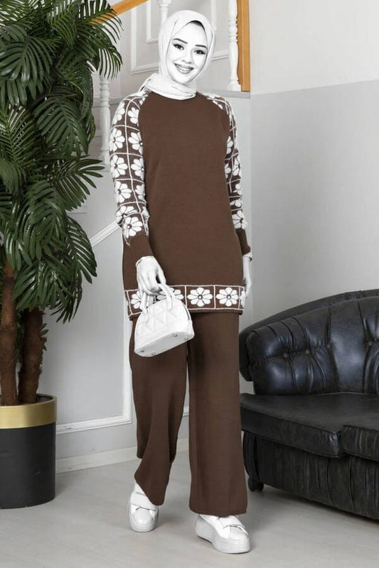 Winter Brown Sunflower Printed Long Sleeves 2 PCs Co-Ord Set