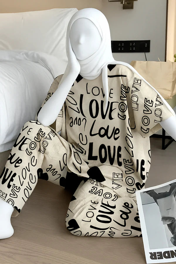 Biege Love Printed Night Suit