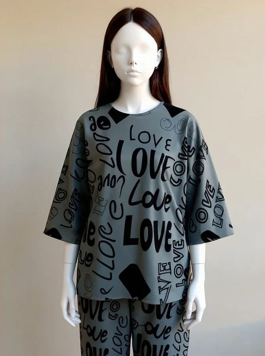 Grey Love Printed Night Suit