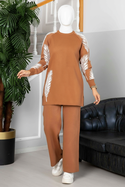Winter Camel Feather Printed Long Sleeves 2 PC Co-Ord Set For Women